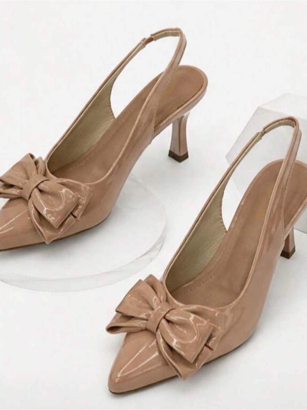 Women's Nude Patent Slingback Heels with Bow